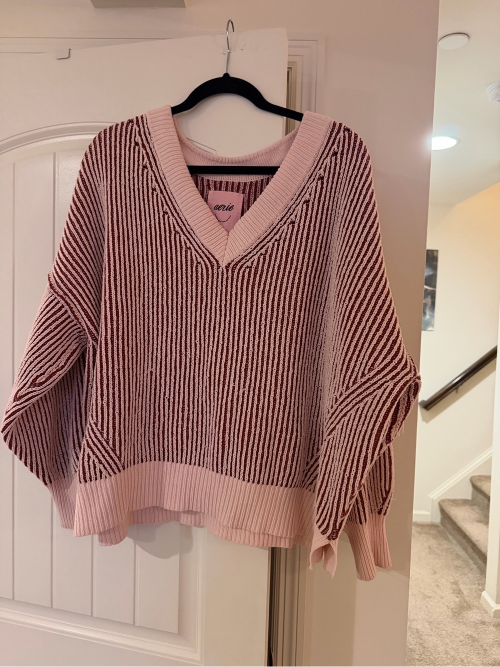 aerie White and Burgundy Striped V-Neck Sweater